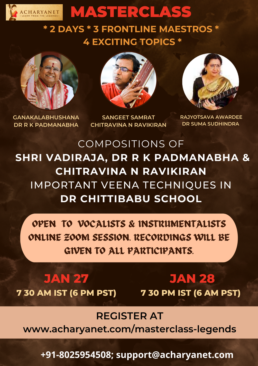 Masterclass on Compositions of Shri Vadiraja, Dr R K Padmanabha and Shri Chitravina N Ravikiran &  Special Session by Dr Suma Sudhindra